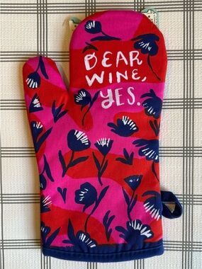 Bear Wine Yes Floral Oven Mitt - Pink & Red with Navy Accents